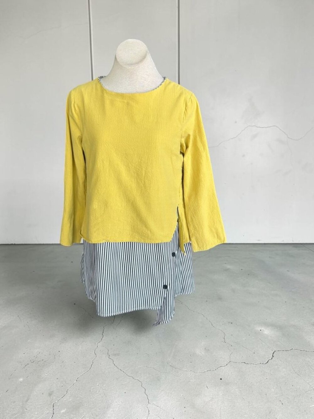 Yellow Navy White Striped Lagenlook Tunic Top Boho On Trend Size L